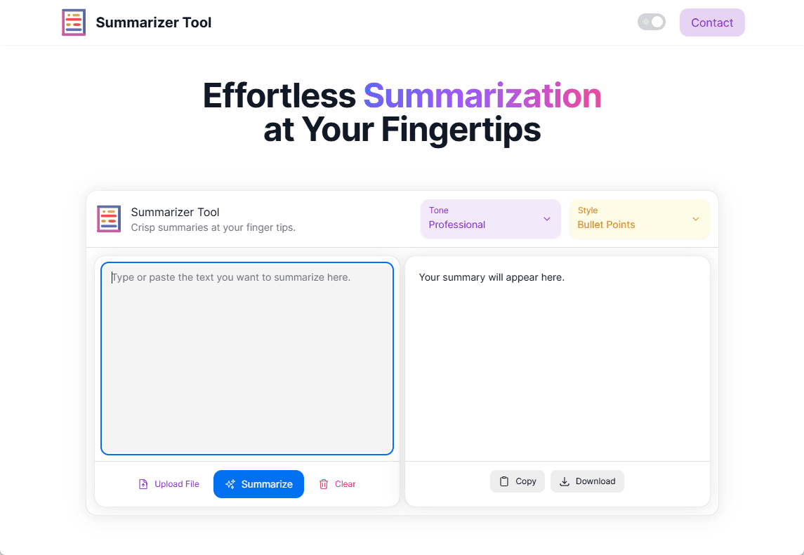 Summarizer Tool:选择不同语气快速总结长文本摘要-1 Summarizer Tool:选择不同语气对长文本快速生成摘要