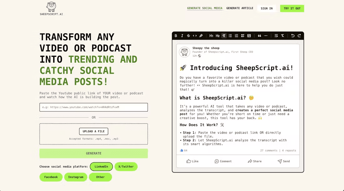 Sheepscript.AI:将视频和播客转化为社交内容,提升内容传播效率-1 Sheepscript.AI:将视频和播客转化为社交内容,提升内容传播效率