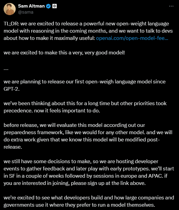 自GPT2后,OpenAI 计划发布新的开源权重模型-1 自GPT2后,OpenAI 计划发布新的开源权重模型